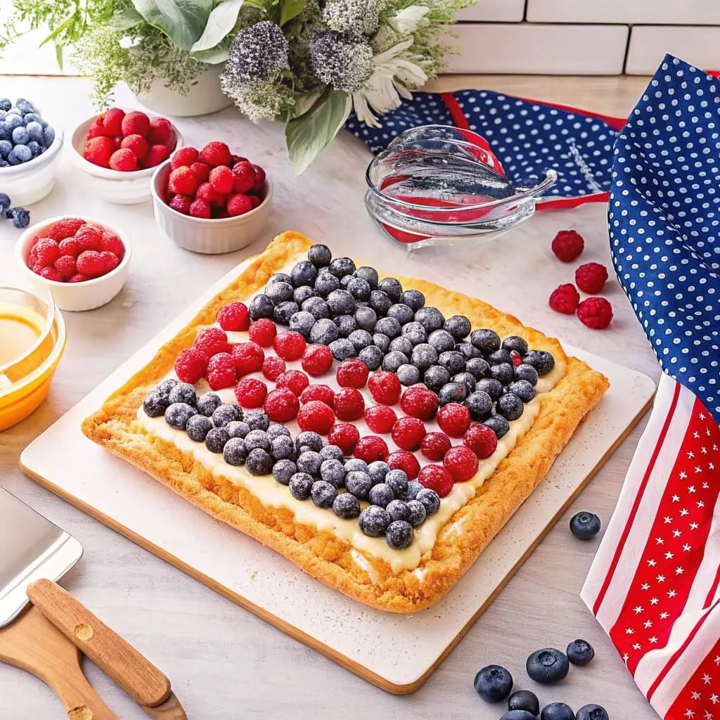 A close-up of a rectangular fruit tart with a golden crust, white cream filling, and an abundance of blueberries and raspberries.