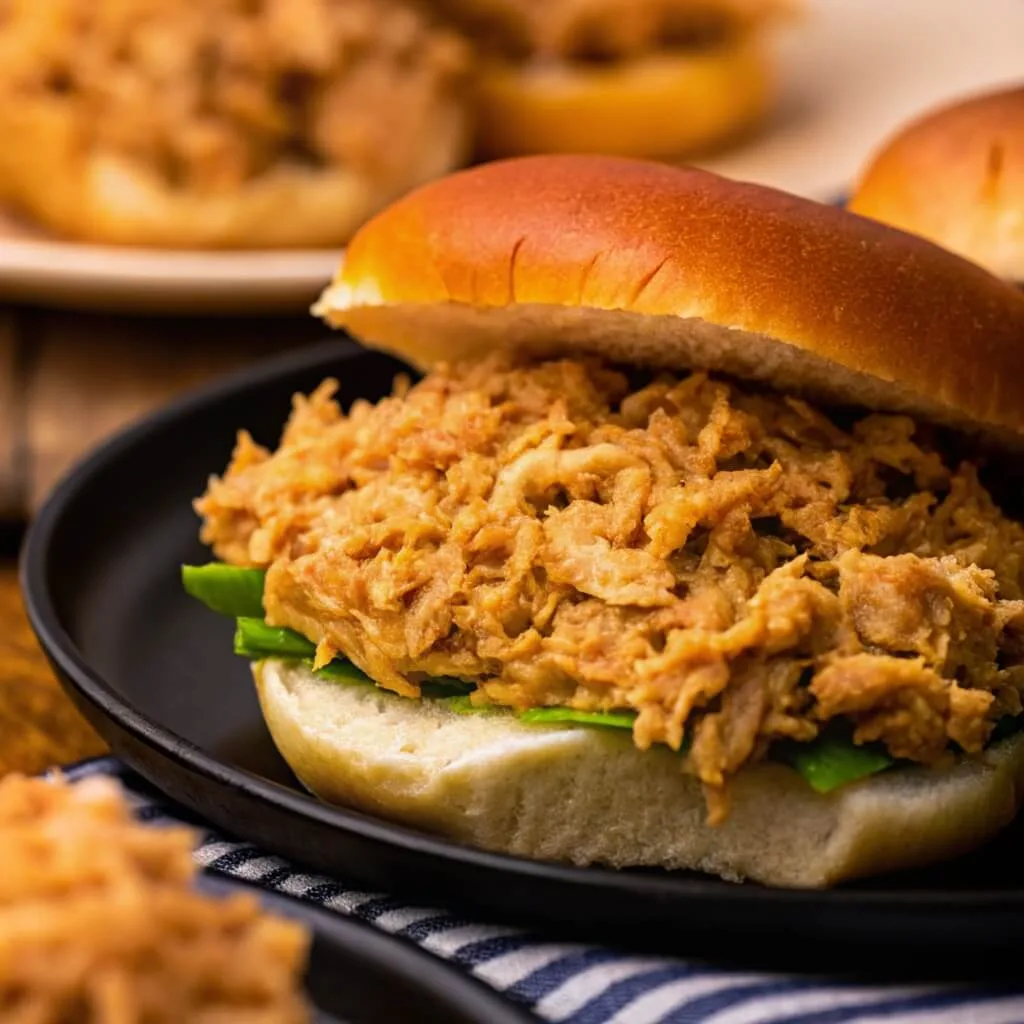 A shredded chicken sandwich with lettuce on a soft bun, served on a black plate.