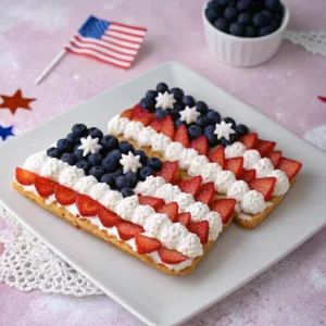 Close-up of a rectangular fruit tart with blueberry stars and strawberry stripes on a square white plate.