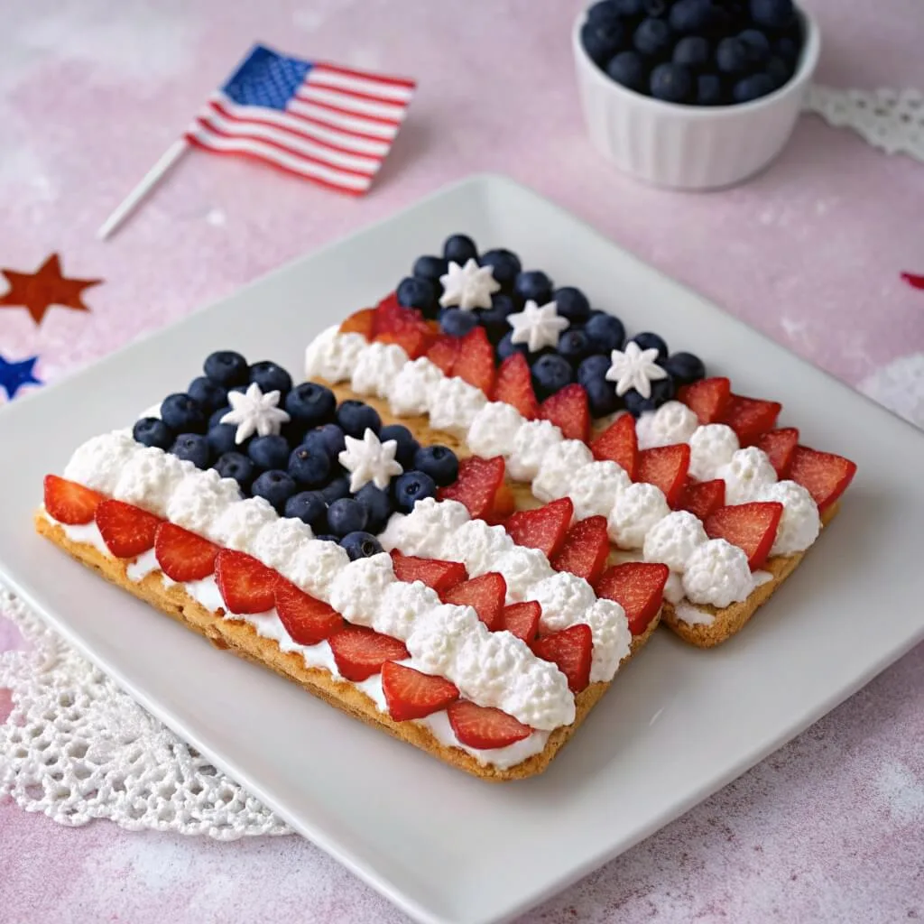 Close-up of a rectangular fruit tart with blueberry stars and strawberry stripes on a square white plate.