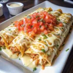 Three large baked burritos lined up on a white platter, drizzled with melted cheese and topped with diced red tomatoes.
