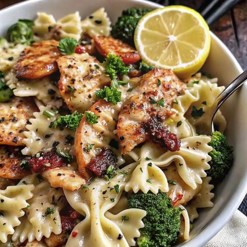 Bow-tie pasta bowl with seared chicken, broccoli, and red chili flakes, served with fresh lemon slices.