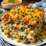 A generous portion of creamy macaroni and beef bake on a plate, featuring melted cheese and green peas.
