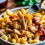 Extreme macro shot of macaroni noodles and pulled chicken covered in a thick, tangy BBQ glaze and melted cheese.