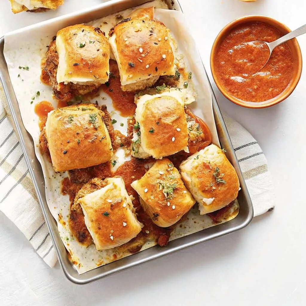 A baking sheet filled with baked meatball sliders topped with garlic herb butter and sesame seeds, served with marinara dipping sauce.