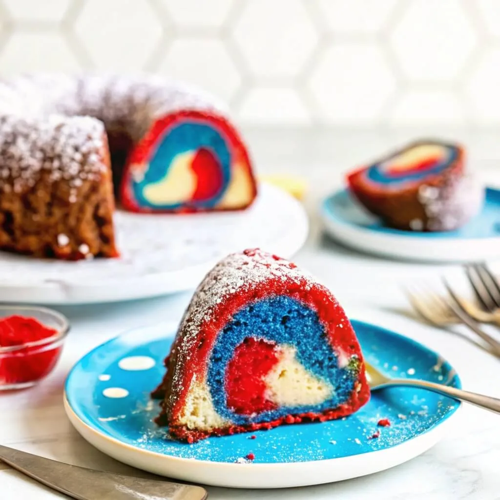 A single slice of a red, white, and blue swirl bundt cake on a blue and white polka dot plate.