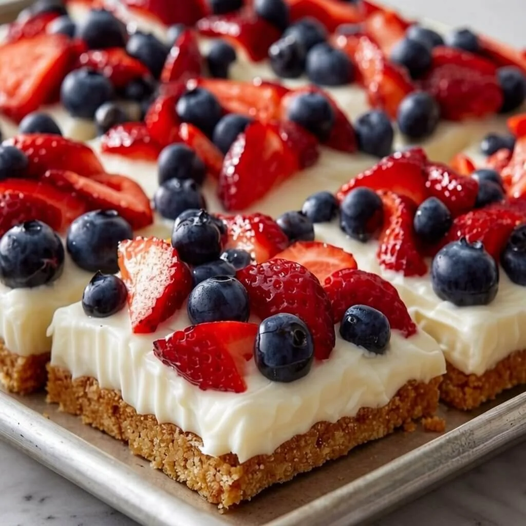 An angled close up shot of layered cream cheese fruit bars with a graham cracker crust and mixed berry topping on a metal tray.