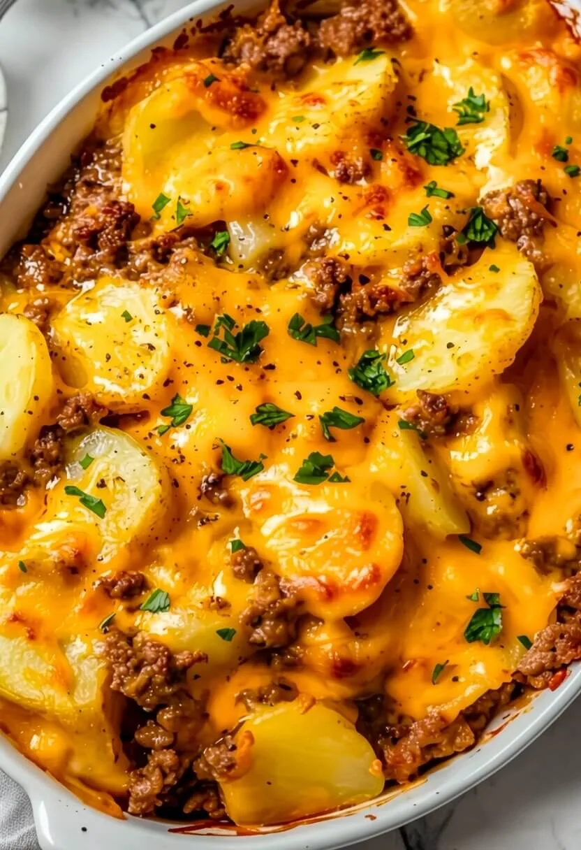 Overhead view of a rectangular baking dish filled with a cheesy hamburger hotdish dinner showing a golden browned cheese crust.
