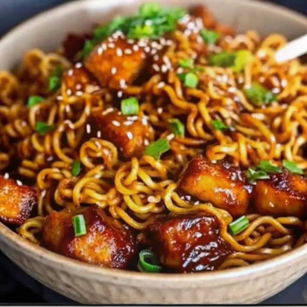 A bowl of stir-fried noodles topped with glazed tofu or chicken cubes, sprinkled with white sesame seeds and green herbs.
