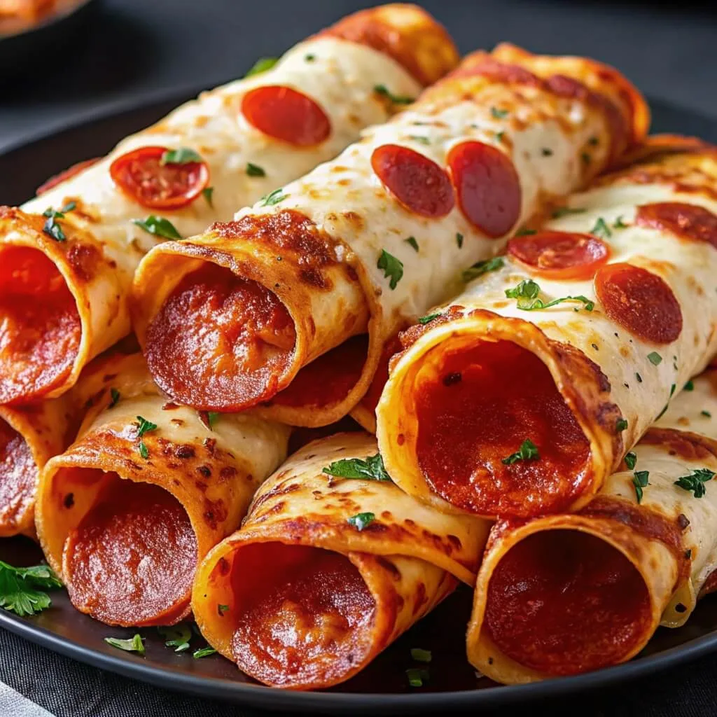 A stack of cheesy pepperoni pizza enchiladas on a plate, showing the layers of tortillas, sauce, and pepperoni.