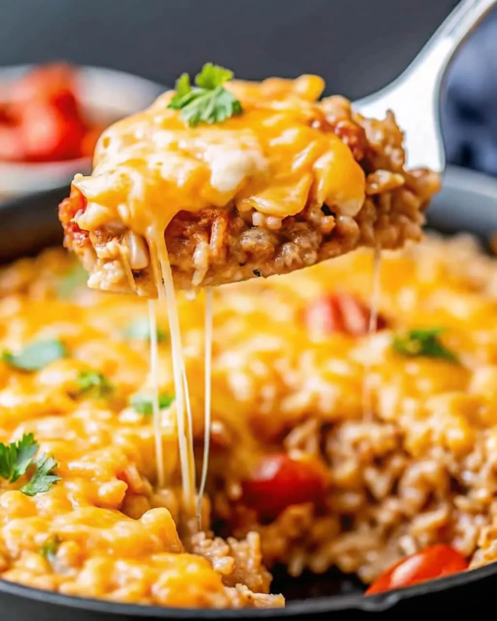 A hand holding a crispy cheeseburger egg roll being dipped into a bowl of creamy secret burger sauce.