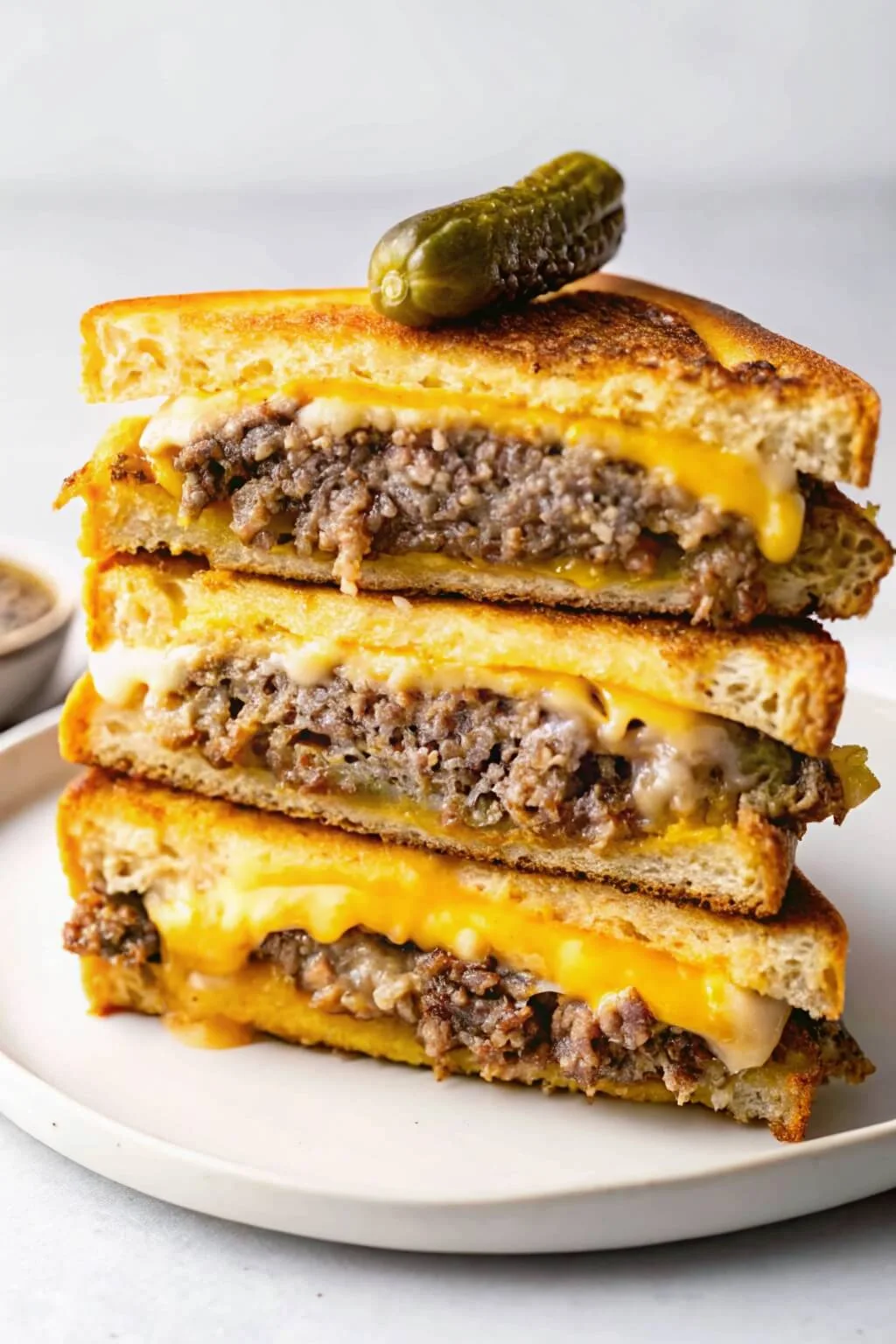 Classic Patty Melt 3 A tall stack of three patty melt sandwich halves showing thick layers of beef patty and melted cheese topped with a pickle.
