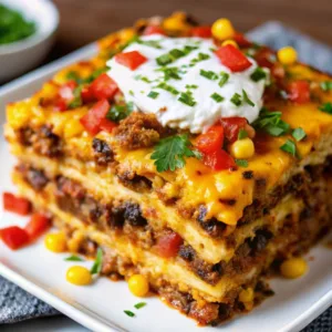Breathtaking Easy Taco Casserole 4 Close up slice of a baked taco lasagna casserole showing golden melted cheese crust and colorful toppings.