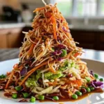 A mountain of crunchy Asian slaw with crispy noodles, shredded carrots, and red cabbage on a white plate on a marble countertop.