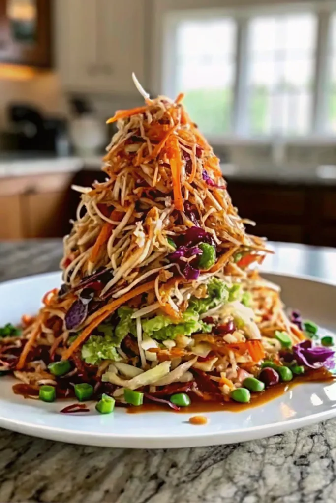 A mountain of crunchy Asian slaw with crispy noodles, shredded carrots, and red cabbage on a white plate on a marble countertop.