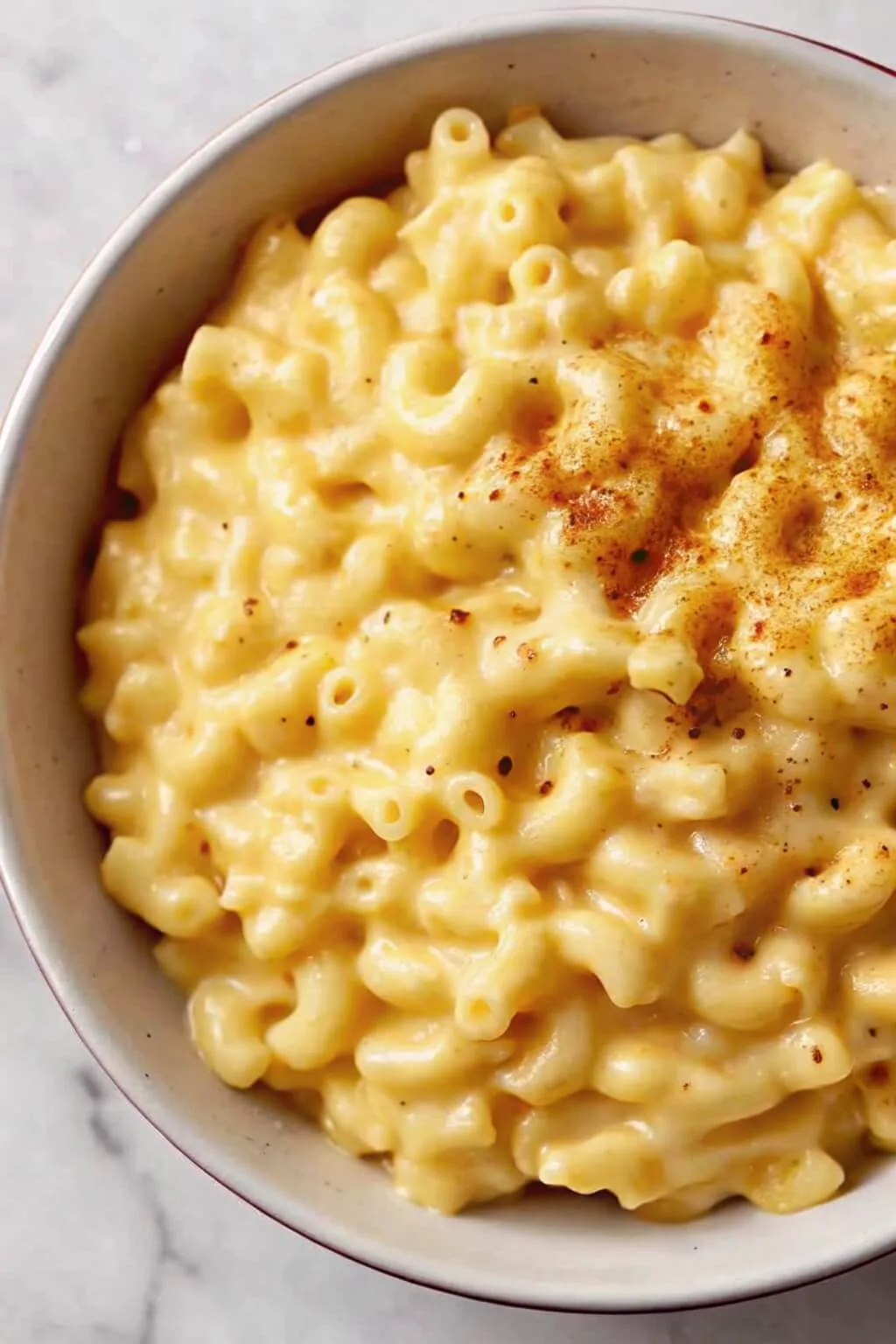 The Ultimate Simple Creamy Macaroni and Cheese 2 Overhead view of a bowl of southern style macaroni and cheese dusted with smoked paprika and black pepper.