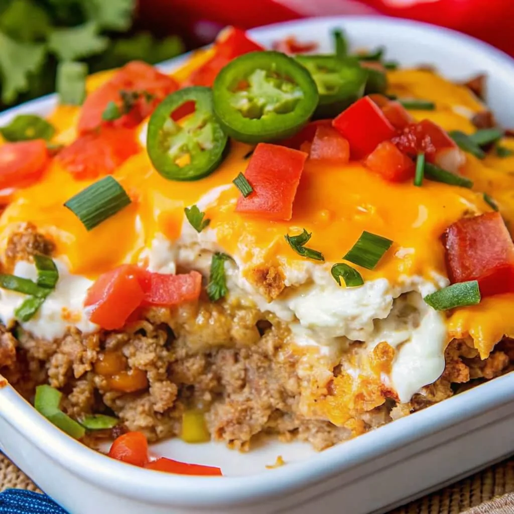 A side-angle view of a layered taco bake showing seasoned beef, cream cheese, and a thick cheddar topping with fresh garnish.
