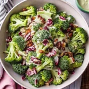 An overhead view of a large bowl filled with a healthy broccoli salad mixed with purple cabbage and a creamy herb dressing.