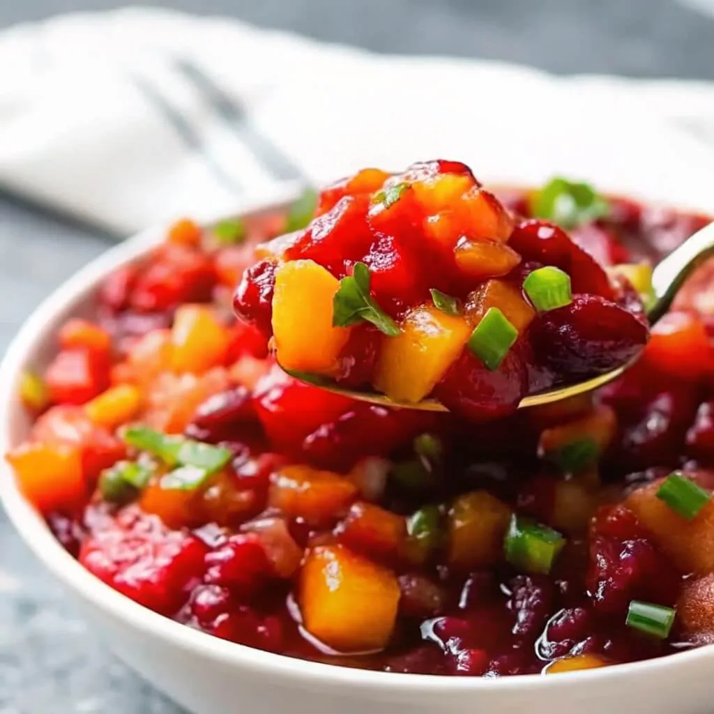 A gold spoon lifting a portion of cranberry mango salsa from a white bowl, highlighting the chunky texture and fresh herbs.