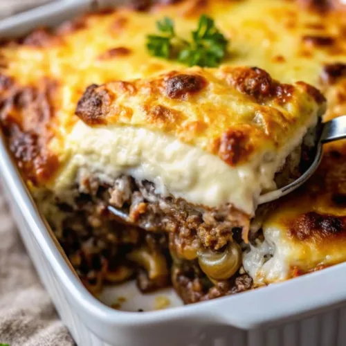 Cottage Cheese Mushroom Swiss Burger Casserole Recipe 4 A spoon lifting a portion of a creamy meat and potato casserole from a white fluted dish, featuring a golden-brown melted cheese topping.