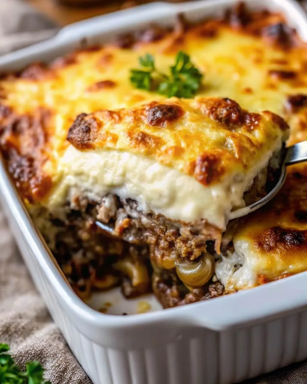 Cottage Cheese Mushroom Swiss Burger Casserole Recipe 3 A spoon lifting a portion of a creamy meat and potato casserole from a white fluted dish, featuring a golden-brown melted cheese topping.