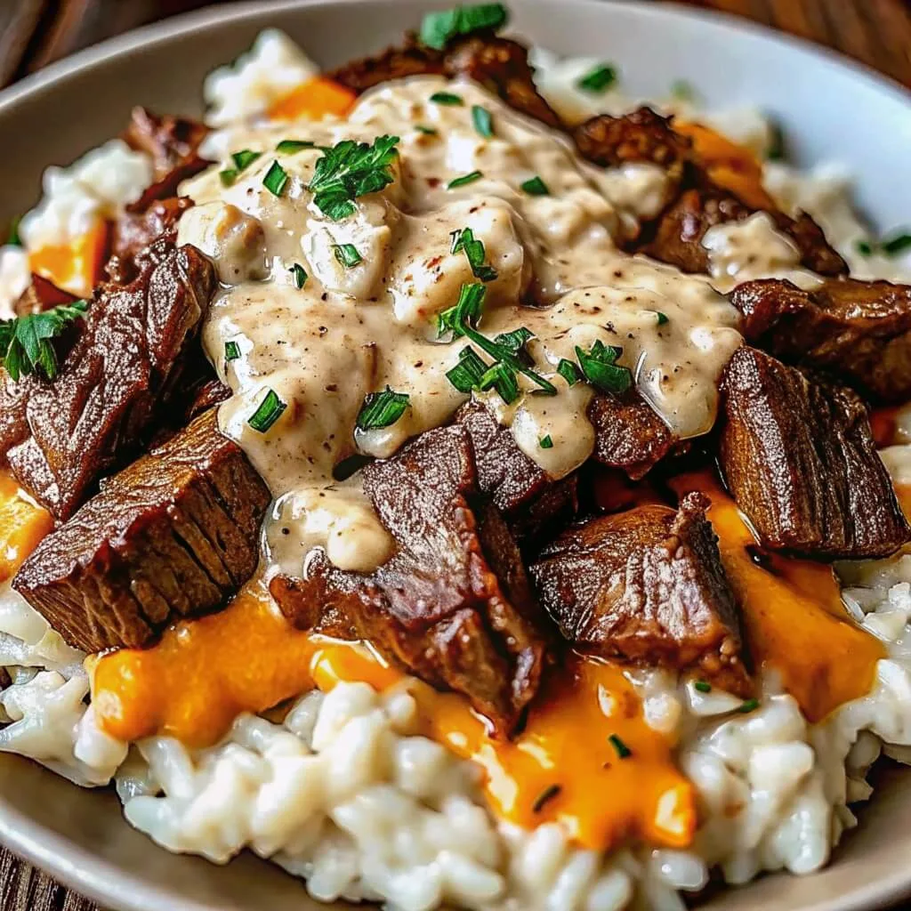 A hearty bowl of seared beef tips and risotto garnished with fresh parsley and a rich mushroom-style cream sauce.
