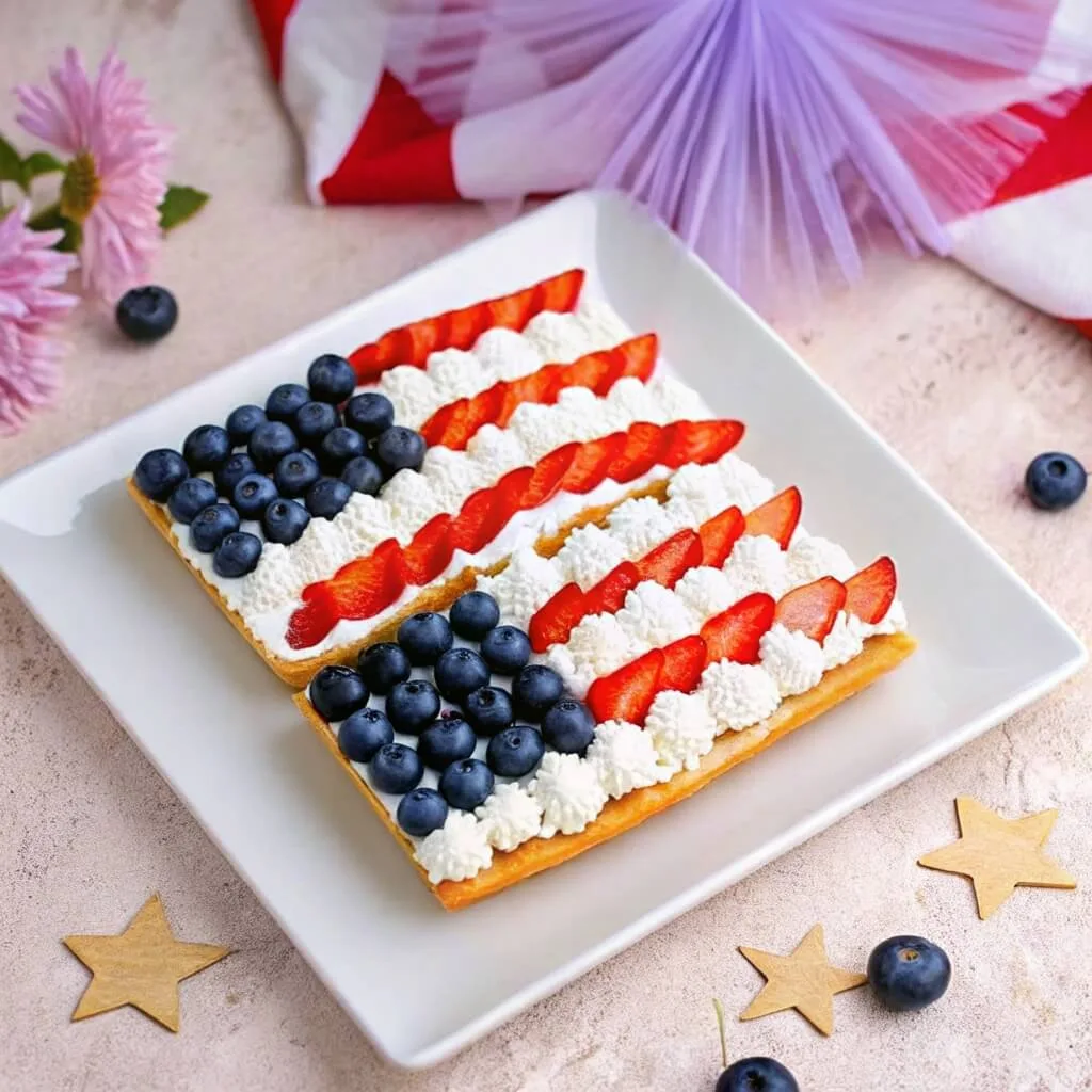 Two American flag fruit tarts on a rectangular white platter surrounded by wooden star decorations and fresh blueberries.
