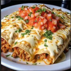 Close-up of the crispy edges and melted cheese of a Mexican enchilada topped with fresh tomato and herbs.