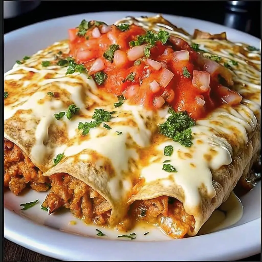Close-up of the crispy edges and melted cheese of a Mexican enchilada topped with fresh tomato and herbs.