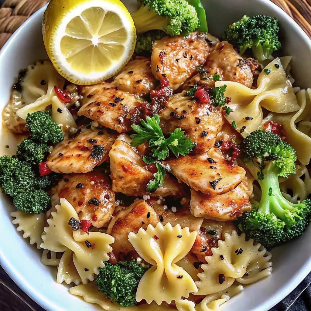 Detailed view of seared chicken strips on a bed of farfalle pasta with broccoli and fresh parsley.