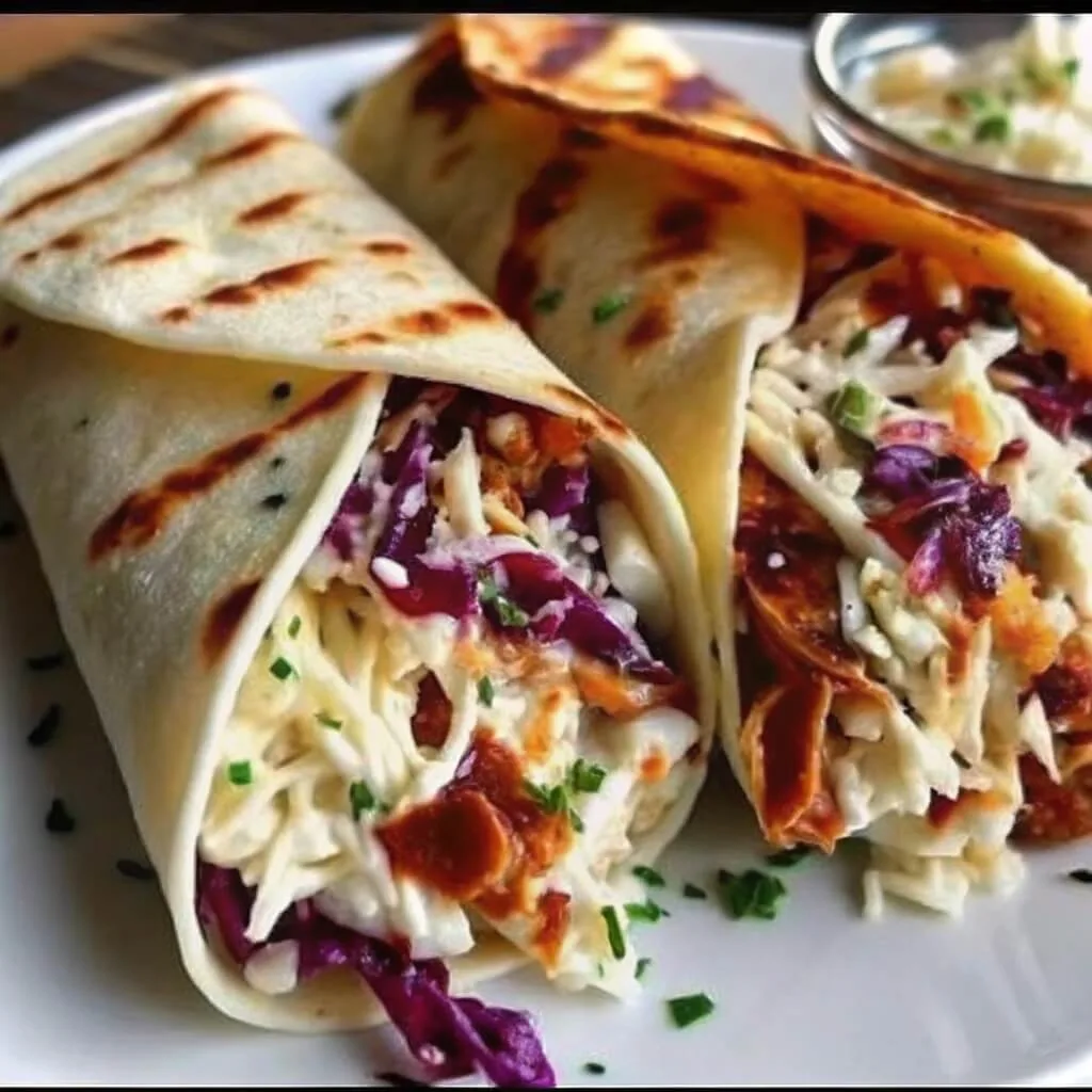 Two grilled chicken wraps filled with creamy coleslaw and shredded purple cabbage, showing distinct char marks on the tortillas.