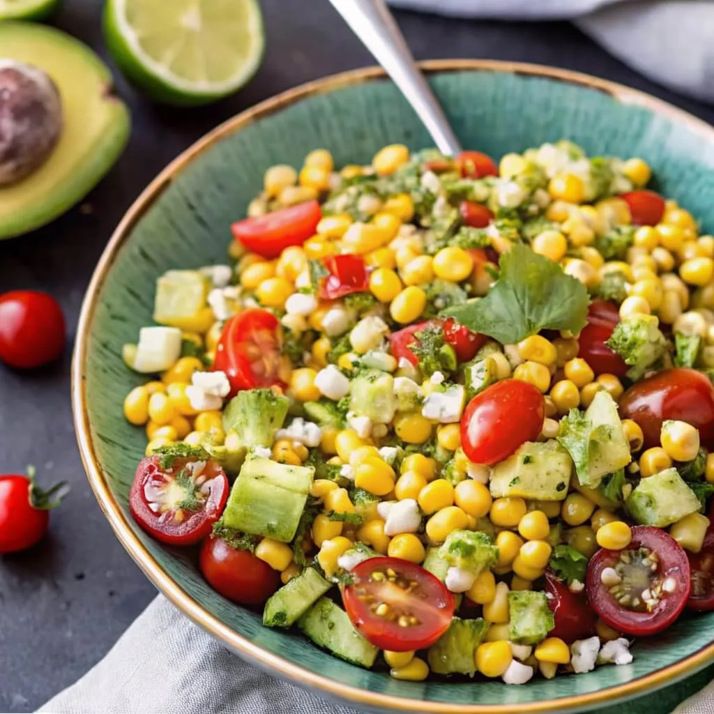 A high-angle view of a healthy avocado and corn salad garnished with cilantro and feta cheese in a green bowl.