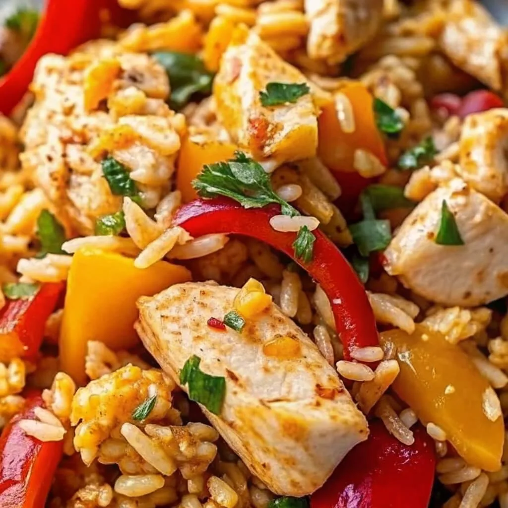 Close-up of grilled seasoned chicken breast pieces mixed with sautéed red and yellow bell peppers and rice.