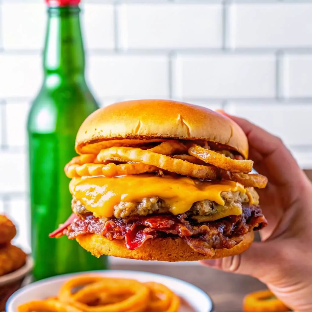 A hand holding a thick double cheeseburger with melted cheese, bacon, and a pile of fried onions.