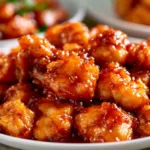 Golden baked orange chicken with a tangy glaze on a plate