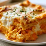 Delicious Buffalo Ranch Chicken Lasagna served in a dish