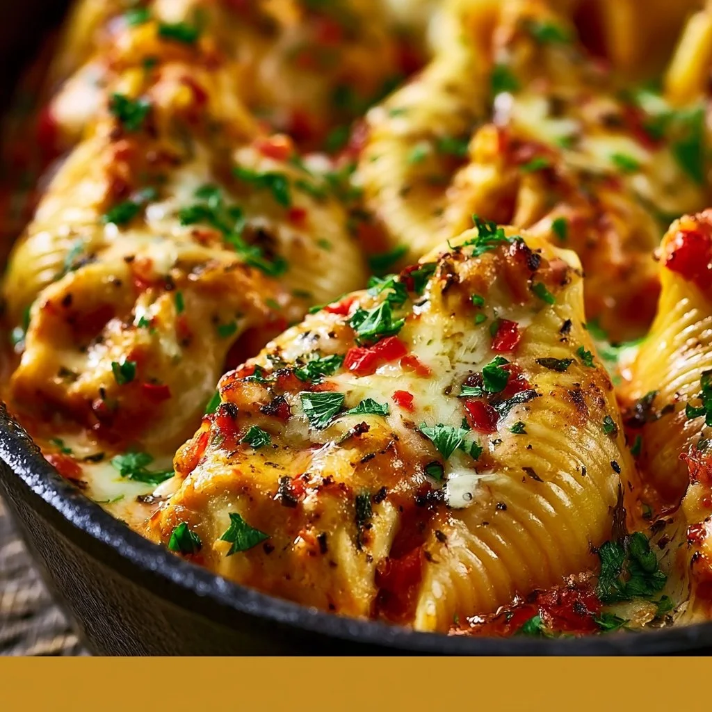 Cajun Chicken Stuffed Shells topped with creamy sauce and herbs