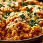Delicious casserole chicken enchilada rice topped with cheese and garnished.