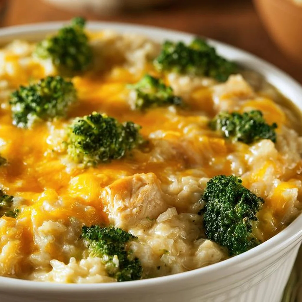 Cheesy Chicken and Rice Casserole baked in a dish with melted cheese topping.
