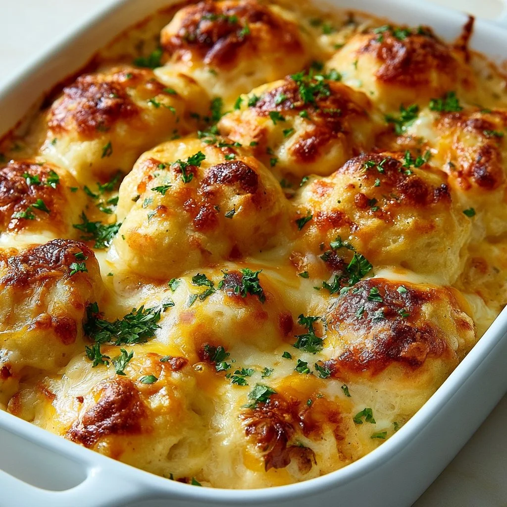 Delicious chicken casserole served in a baking dish with fresh herbs on top