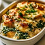 Creamy chicken casserole with spinach served in a baking dish