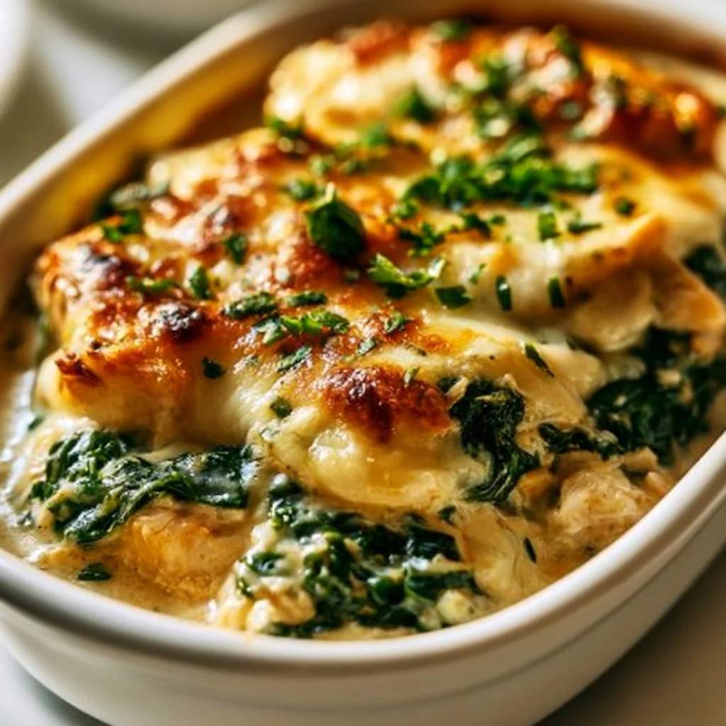 Creamy chicken casserole with spinach served in a baking dish