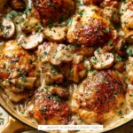 Creamy garlic mushroom chicken dish garnished with fresh herbs