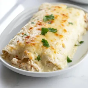 Creamy White Chicken Enchilada Casserole topped with cheese and fresh herbs