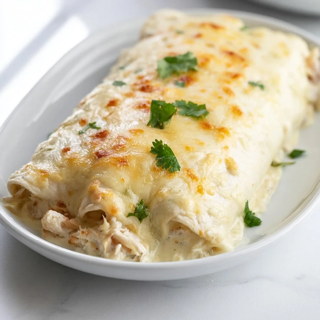 Creamy White Chicken Enchilada Casserole topped with cheese and fresh herbs