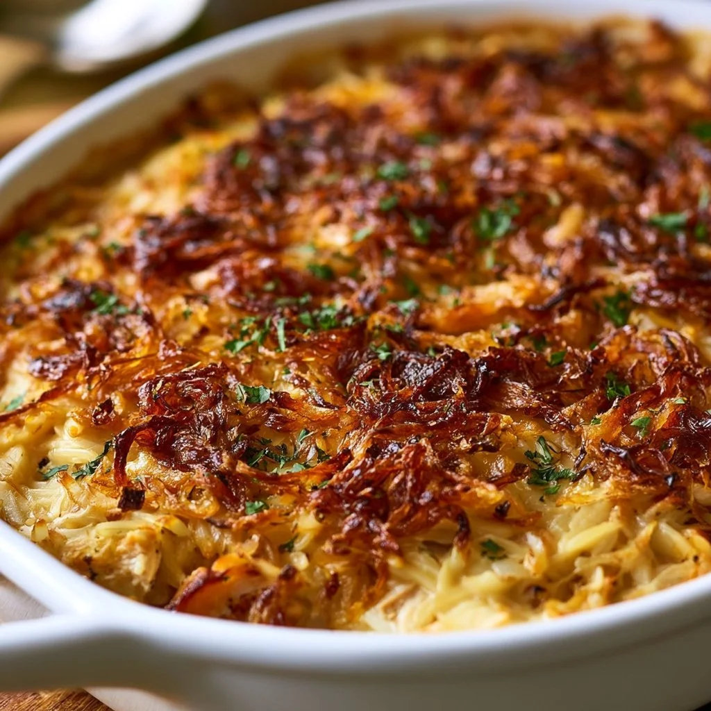 French onion chicken casserole with orzo in a baking dish