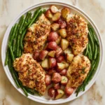 Parmesan Crusted Chicken on a sheet pan with vegetables ready to bake.