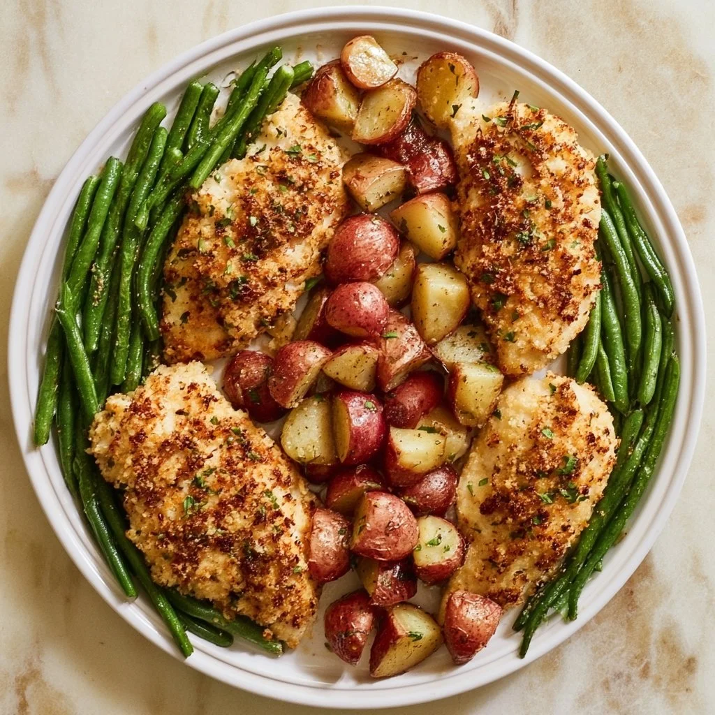 Parmesan Crusted Chicken on a sheet pan with vegetables ready to bake.