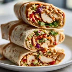 Delicious Thai Peanut Chicken wraps served on a plate.