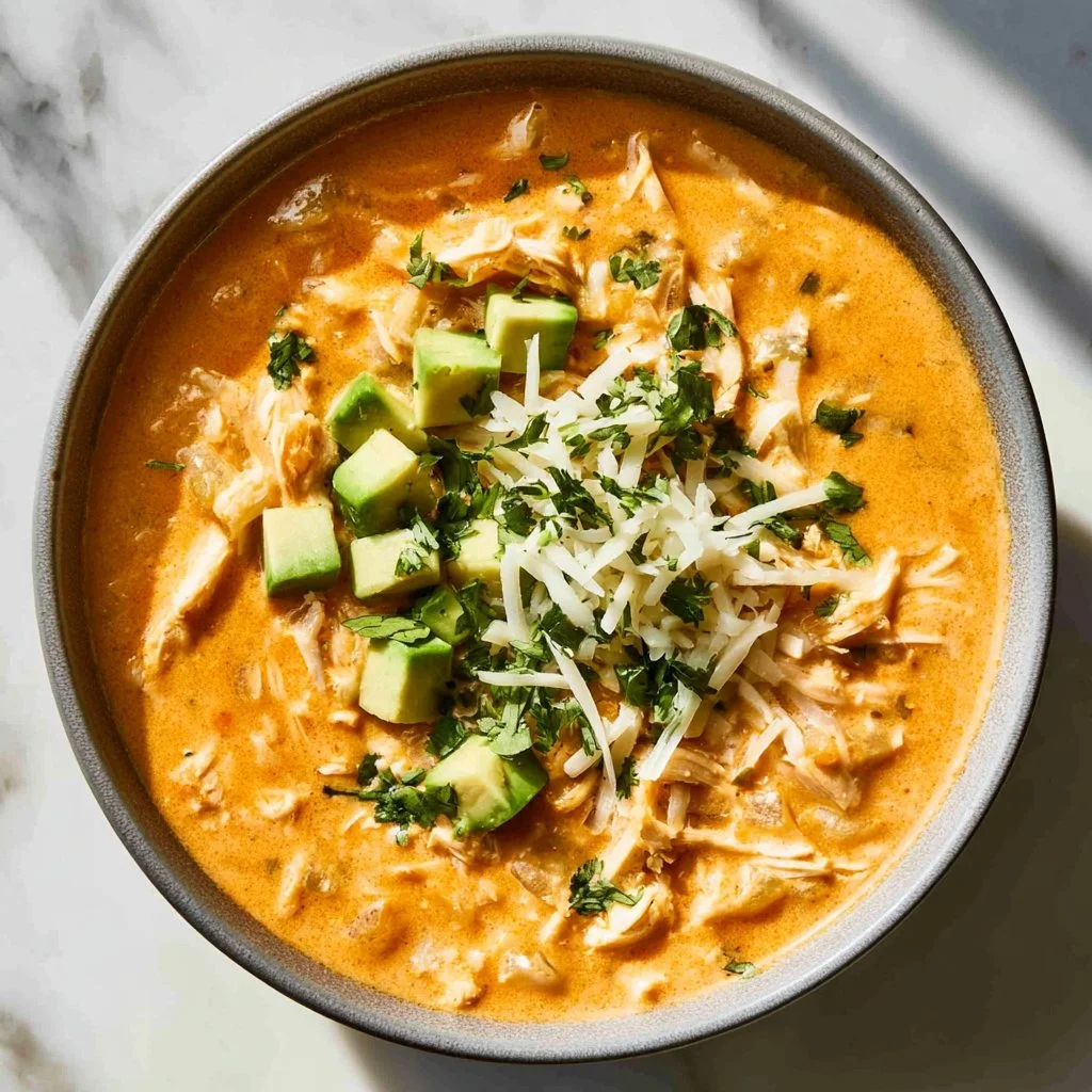 High protein white chicken chili recipe served in a bowl with toppings